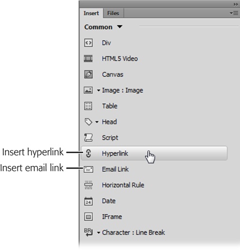 The Insert panel’s Common category offers one-button access to creating hyperlinks and email links (to link to an email address).