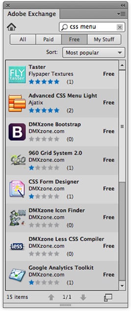 Adobe Exchange is your tool for finding and installing Dreamweaver extensions like Advanced CSS Menu Light. To browse the extensions, use the All, Paid, and Free buttons. To search for a specific one, type a couple of keywords in the Search box. Once you find an interesting candidate, click to see more details.