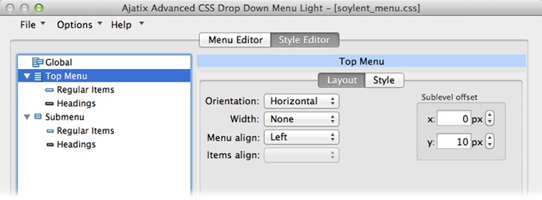 The Style Editor tab gives you the tools you need to change the appearance of your menus. With Top Menu selected on the left and the Layout tab selected in the main part of the window, you see the properties to orient, size, and position the top menu; that is, the part of the menu that’s always visible.