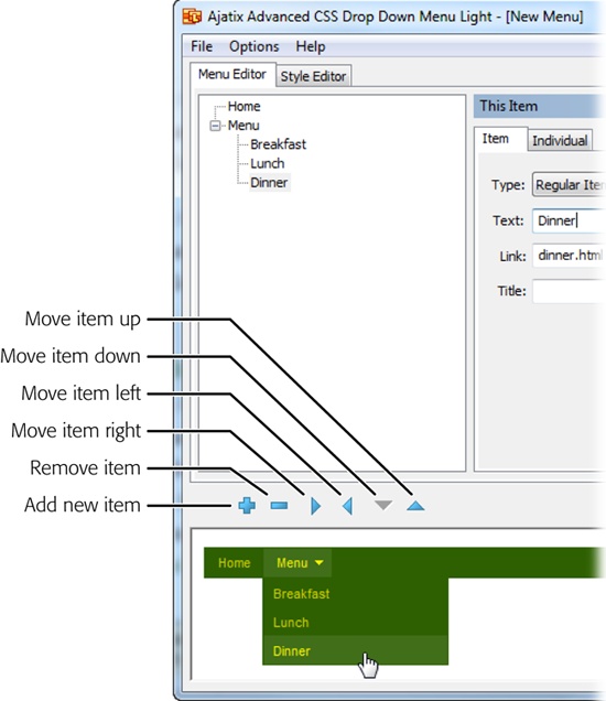 In the list pane, the structure of your menu appears in standard outline form. You can expand and collapse the submenus by clicking the + or – sign buttons in Windows (shown here) or the flippy triangle on Macs. The preview pane not only shows you what your menu looks like, it lets you try out the drop-down menus, too. Triangle icons automatically added to menu items with submenus let visitors know there are more options.