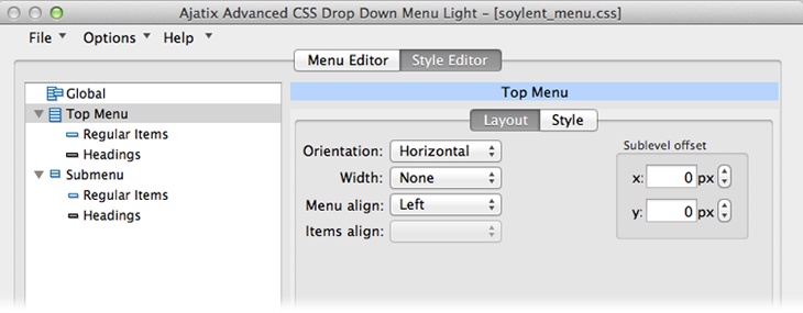 To change a menu from horizontal orientation to vertical or vice versa, use Menu Light’s Orientation option. In this example, you set the width to None, so the menu bar can stretch and shrink to fit menu items. The Alignment option positions the menu bar to the right, left, or center of the page.