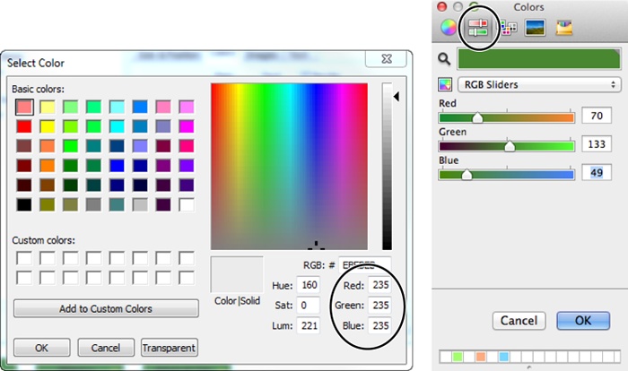 Advanced CSS Menu Light uses your operating system’s color picker. That means it looks different for Windows PCs and Macs, even though you enter the same red, green, and blue (RGB) values. Left: For Windows PCs, type the color values in the circled boxes. Right: For Macs, choose the color bars (circled) and RGB sliders. Then, type the color values in the Red, Green, and Blue boxes.