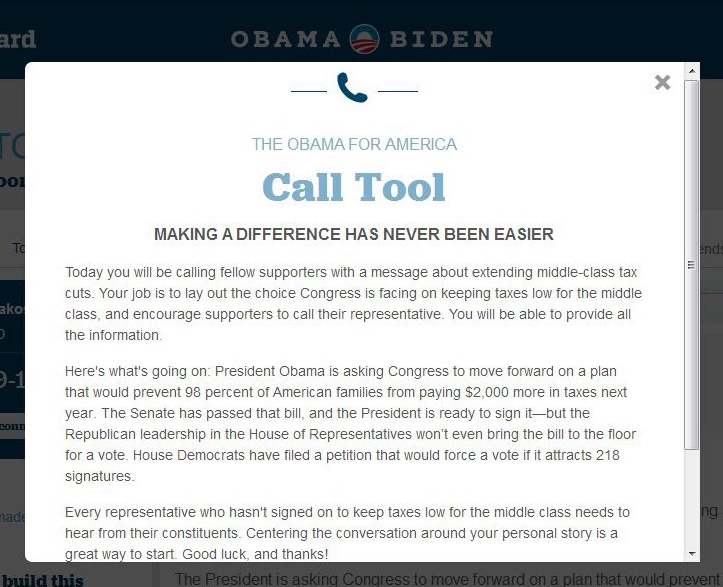 Obama’s volunteer mobilization site, call.barackobama.com, during the 2012 campaign