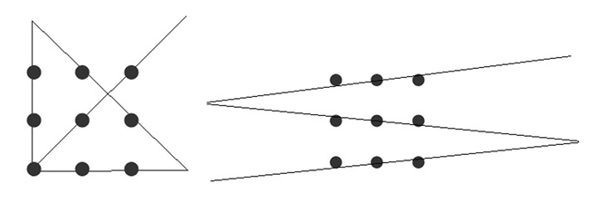 Two of the possible solutions to the 9-dot puzzle