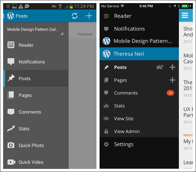 WordPress for Android and iOS: Side Drawer represents âoff-canvasâ thinking