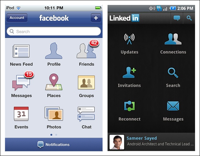 Facebook for iOS and LinkedIn for Android: Springboard designs from 2011