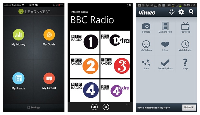 LearnVest for iOS, BBC Radio for Windows Phone, and Vimeo for Android: traditional Springboard alive and well within apps
