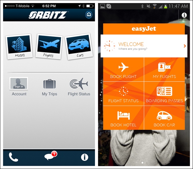 Orbitz for iOS and EasyJet for Android: graphic treatment and layout imply a hierarchy