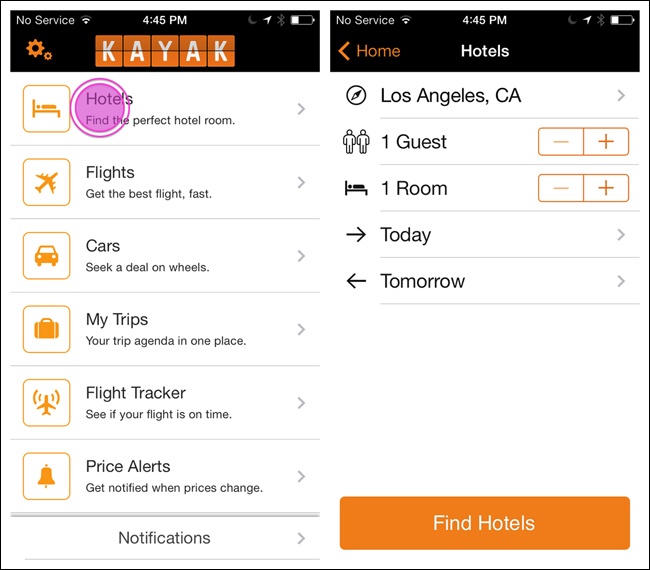 Kayak for iOS: tap Home (screen at right) to return to the List Menu