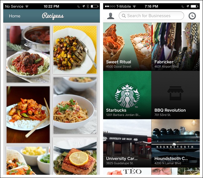 Recipeas and Square Wallet for iOS: galleries present individual, nonhierarchical items