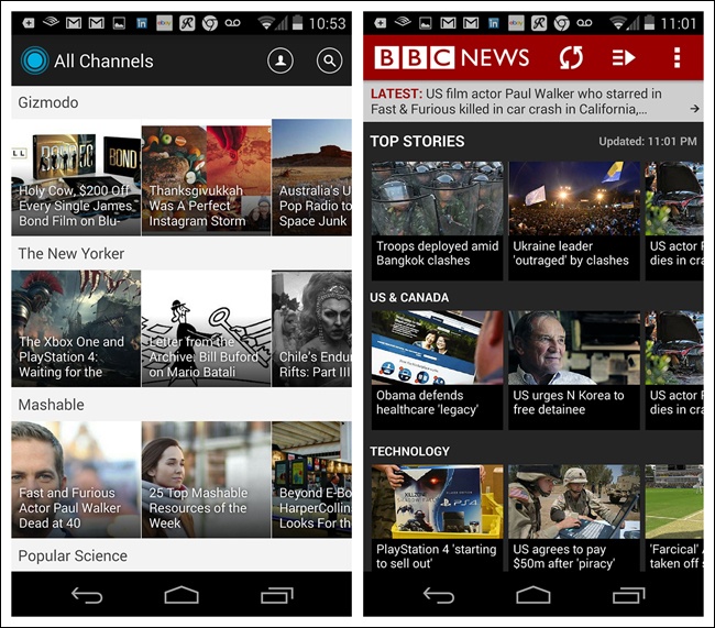 LinkedIn Pulse and BBC News for Android: subtitles are easier to read than overlays