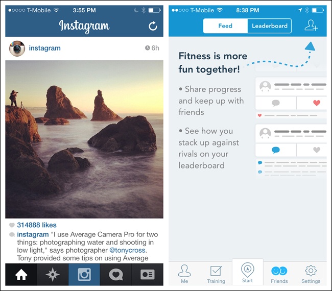 Instagram and RunKeeper for iOS: calls to action in the Tab Bar