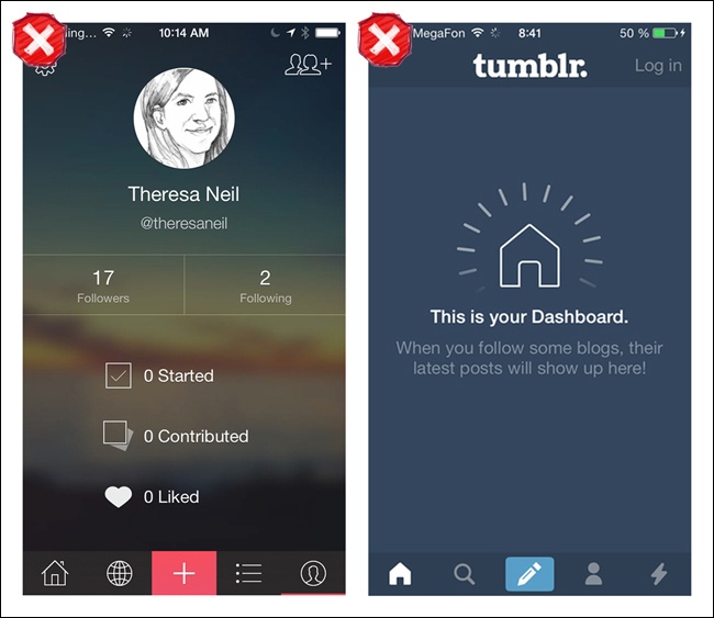 Everlapse and Tumblr for iOS: the prominence of action buttons overshadows menu location