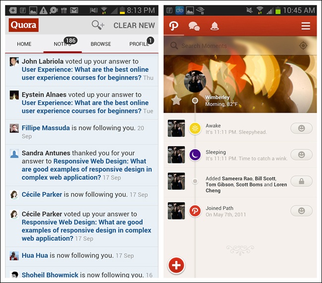 Quora for Android pushes the Fixed Tabs limit by squeezing in four items; Path for Android uses icons for Fixed Tabs