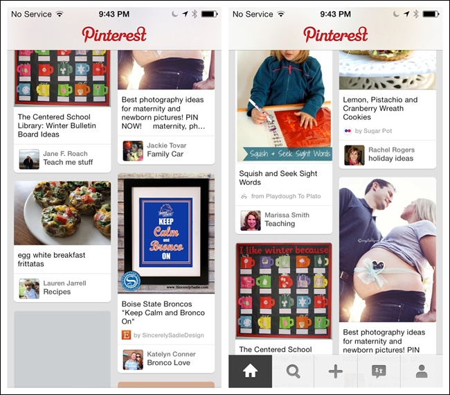 Pinterest for iOS: scrolling down hides the Toolbar; scrolling up reveals it ()