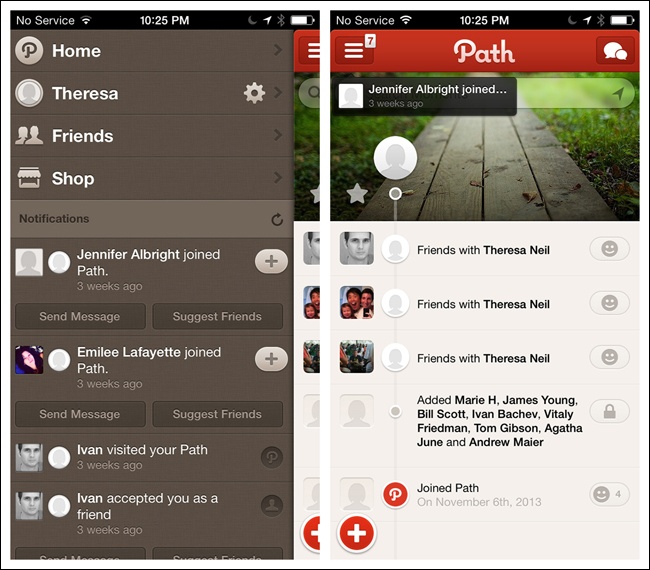 Path for iOS: tap navicon or pan to reveal the Side Drawer as an inlay, pushing main screen to the side