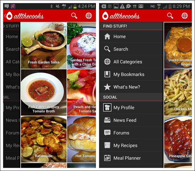 Allthecooks for Android: Side Drawer bumps open when app is launched to alert users itâs there ()