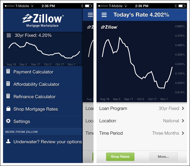 Zillow Mortgage Marketplace for iOS: Side Drawer has content and menu items