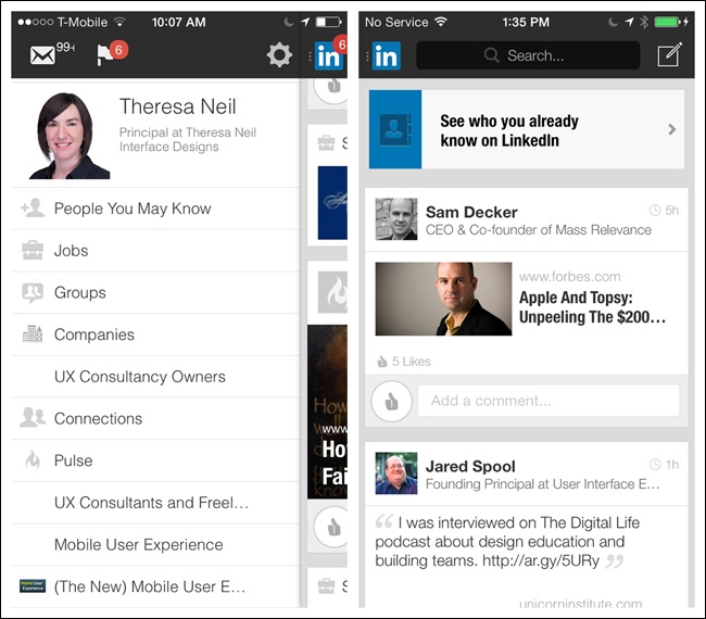 LinkedIn for iOS: Side Drawer has profile info (oops, I have mail!)