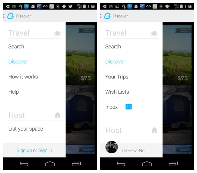 Airbnb for Android: ah, crystal-clear Side Drawer navigation