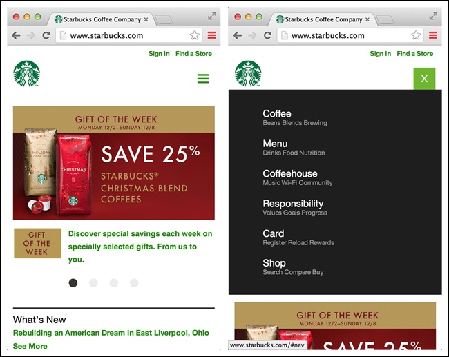 Starbucks.com: responsive web design with a Toggle Menu