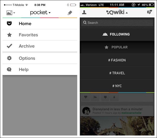 Pocket and Qwiki for iOS: overlay Toggle Menus