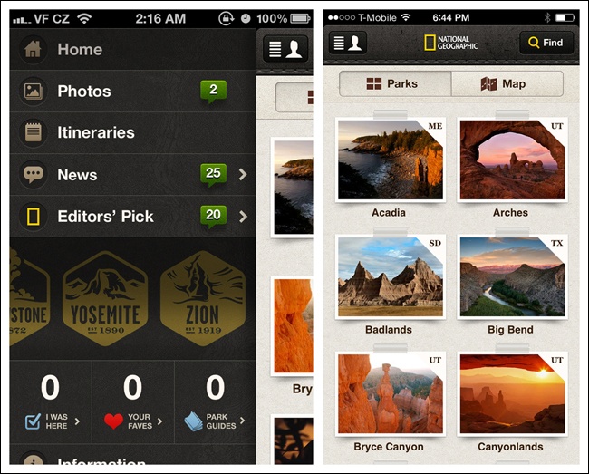 National Parks by National Geographic for iOS: Side Drawer for primary navigation, Gallery for secondary
