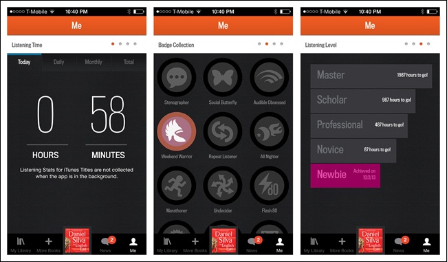 Audible for iOS: Tabs for primary navigation, Page Swiping for secondary; note page indicators