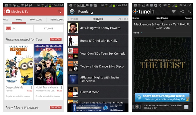 Google Play, Songza, and TuneIn for Android: Scrolling Tabs for secondary navigation