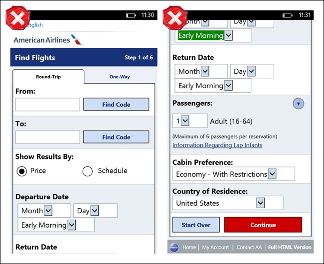 American Airlines flight booking on Windows Phone: poor form design