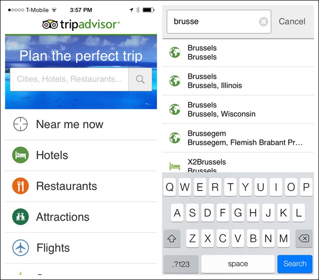 TripAdvisor for iOS: Modal Search slides a search screen in from the right