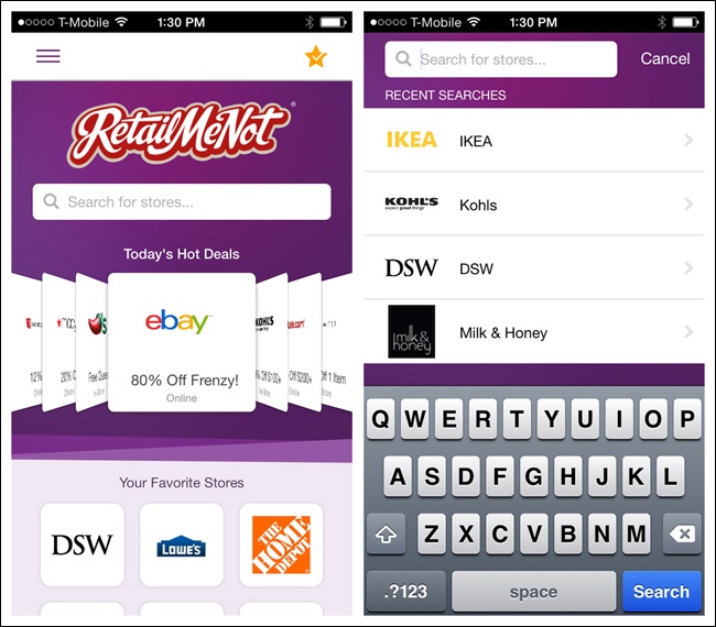 RetailMeNot for iOS: the Modal Search screen slides up