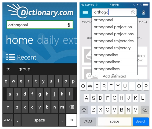 Dictionary.com for Windows Phone and iOS: Auto-Complete should be standard