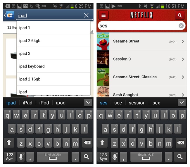 Newegg and Netflix for Android: Auto-Complete can offer multiple ways to initiate search