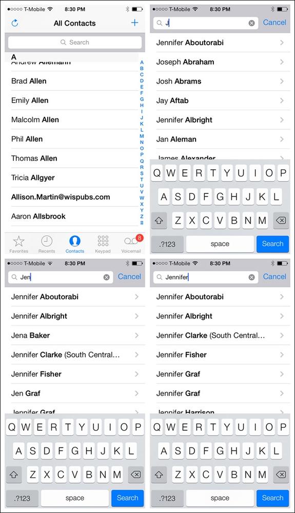 Dynamic Search in Contacts for iOS quickly winnows results of search