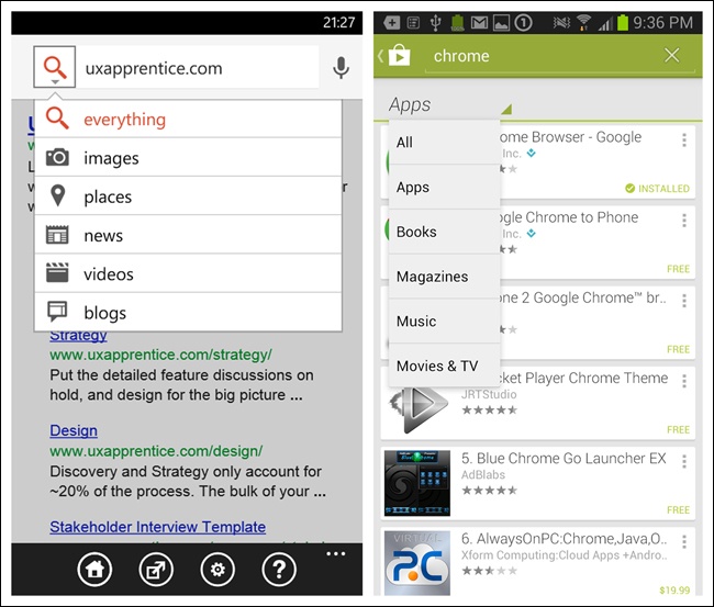 Google for Windows Phone and Google Play Store for Android: menus to scope searches