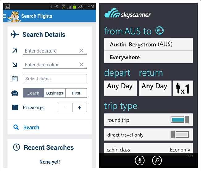 Hipmunk for Android and Skyscanner for Windows Phone: Search Form examples