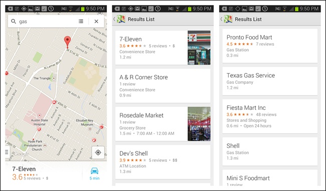 Google Maps for Android: the closest and highest-rated result is hidden on page 2 (Pronto Food Mart)