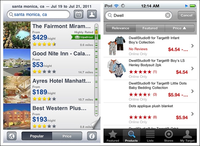 Onscreen Sort examples from the first edition of this book: Expedia and Target for iOS