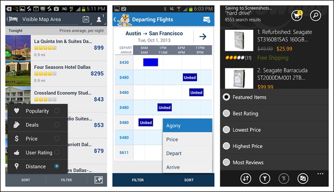 Expedia and Hipmunk for Android, and Newegg for Windows Phone: bottom-sort overlays