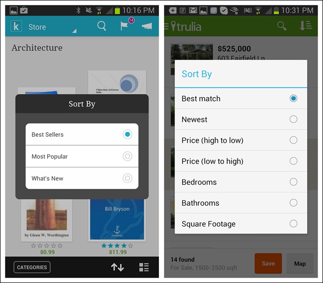 Kobo and Trulia for Android: Sort Overlay dialogs
