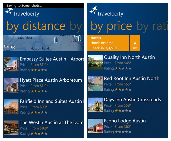 Travelocity for Windows Phone: Pivot control for sort options