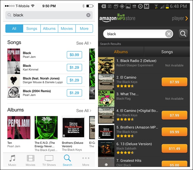 iTunes for iOS and Amazon Cloud Player for Android: Onscreen Filters at top