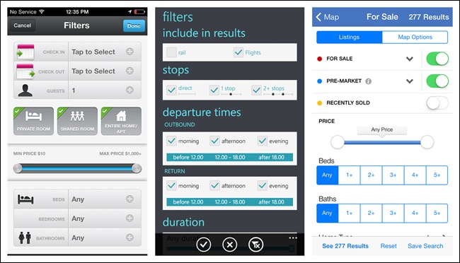 Airbnb for iOS, Skyscanner for Windows Phone, and Zillow for iOS 7: Filter Forms