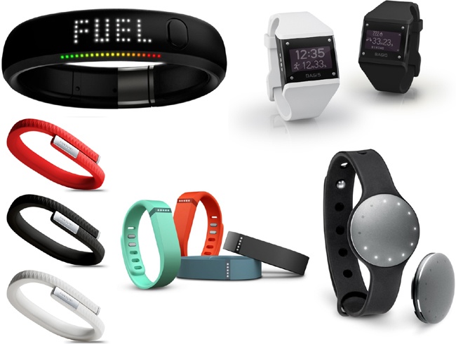Popular sports and fitness trackers (from left to right): Nike+ FuelBand and Basis (top); Jawbone UP, Fitbit Flex, and Misfit Shine (bottom)