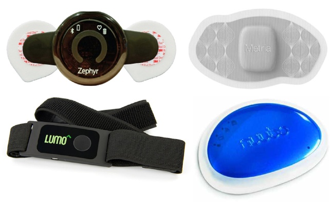 Examples of health and medical sensors (from upper left to lower right): Zephyr’s BioHarness, Metria IH1, Lumo Back, and Nuubo’s nECG