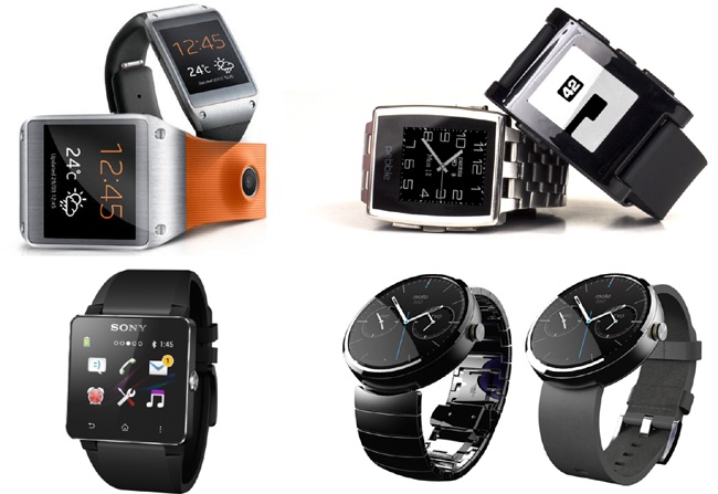 Examples of smartwatches (from upper left to lower right): the Samsung Galaxy Gear, Pebble watch, Sony SmartWatch, and Moto 360