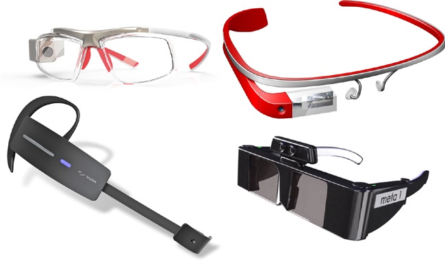 A variety of smartglasses (from upper left to lower right): GlassUp AR, Google Glass, Vuzix M100, and Meta AR