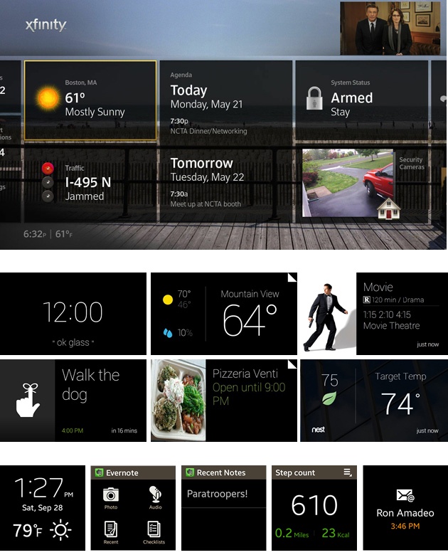 Comparison of interface design between TV and wearables: at the top is a TV dashboard by Comcast, followed by screen examples from Google Glass, and Samsung Galaxy Gear