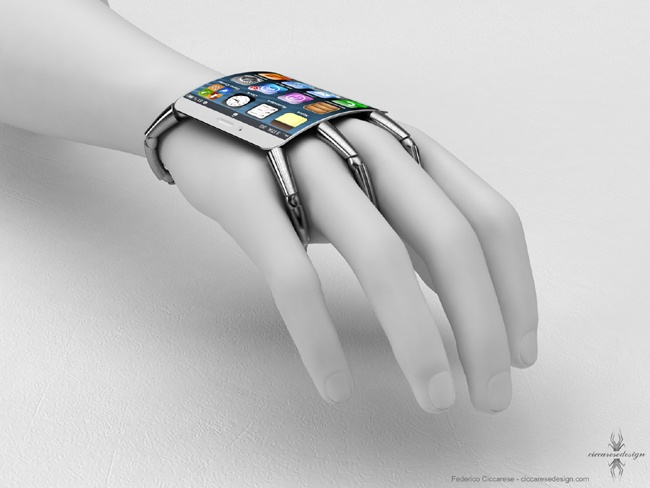 A spider-like design concept for a wearable iOS device that grips the hand, by Federico Ciccarese